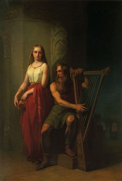 Bragi is shown with a harp and accompanied by his wife Iðunn in this 19th century painting by Nils Blommér.