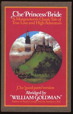 This is a the slipcase cover of the deluxe first edition of The Princess Bride by William Goldman, published by Harcourt Brace Jovanovich in the USA. The regular hardcover version had the same image and colors, except for the brown border which is the fabric that surrounds the cardboard of the case. The first edition features red text for the abridgement notes. The Princess Bride
