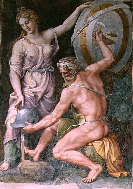 Hephaistos forging Achilles' Armor by Giulio Romano (ca. 1492-1546) from the Sala di Troia, Palazzo Ducale, Mantua, Hephaestus Blessing