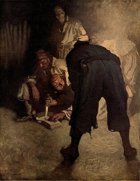 The pirates, preparing the Black Spot by cutting a page from a Bible. The Black Spot. Illustration by N. C. Wyeth for Treasure Island by Robert Louis Stevenson, Charles Scribner's Sons, 1911, Black Spot
