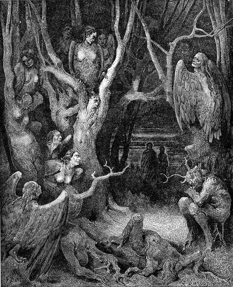 Harpies in the infernal wood, from Inferno XIII, by Gustave Doré, 1861, Harpy