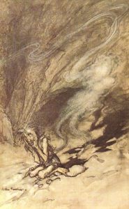 Alberich puts on the Tarnhelm and vanishes, his brother Mime remains. Author Illustration by Arthur Rackham (1867 - 1939) to Richard Wagner's Das Rheingold.