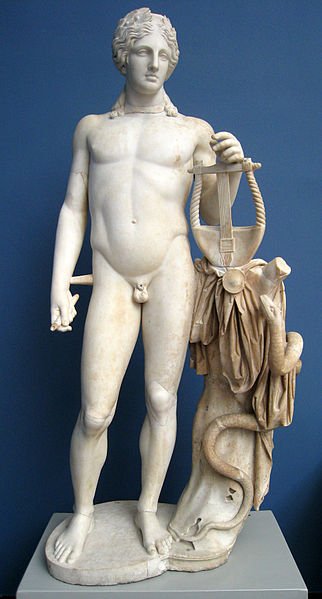 Roman marble statue of Apollo from the Ny Carlsberg Glyptotek. The god is depicted with his attributes, the lyre and the sacred snake Python. The tree trunk around which the snake is wrapped is inscribed with the words "Apollonios made it". Circa 150 AD, restored c. 1790. Item number IN 1632. 26 August 2008(2008-08-26) ChrisO