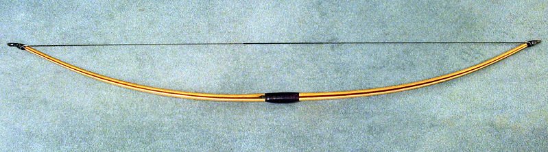 Lemonwood, purpleheart and hickory longbow (45 lbf at 28 inches).  Photo taken by James Cram, and released into the public domain.