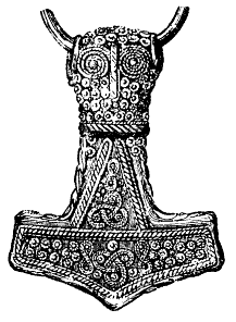  Image from Nordisk familjebok picturing a Thor's hammer. Drawing of a 4.6 cm gold-plated silver Mjolnir pendant found at Bredsättra on Öland, Sweden. Features trefoil knots among its decorations. The original is housed at the Swedish Museum of National Antiquities.