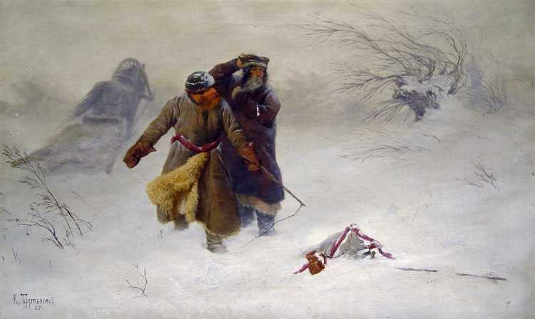 Konstantin Trutovsky (1826-1893): Missing in action in the snowstorm. Oil on canvas, 1887