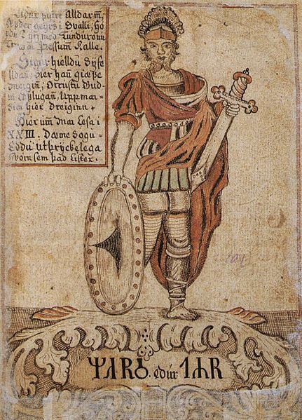 The Norse god Týr, here identified with Mars. From the 18th century Icelandic manuscript ÍB 299 4to, now in the care of the Icelandic National Library.Týr, depicted here with both hands intact, before the encounter with Fenrir is identified with Mars in this illustration from an 18th century Icelandic manuscript. Tyr