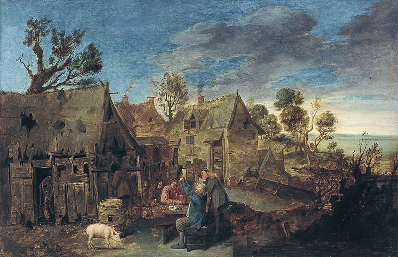 Attributed to Adriaen Brouwer (circa 1605/1606-1638) Title: Village Scene with Men Drinking, Sample, Failing Fishing Village