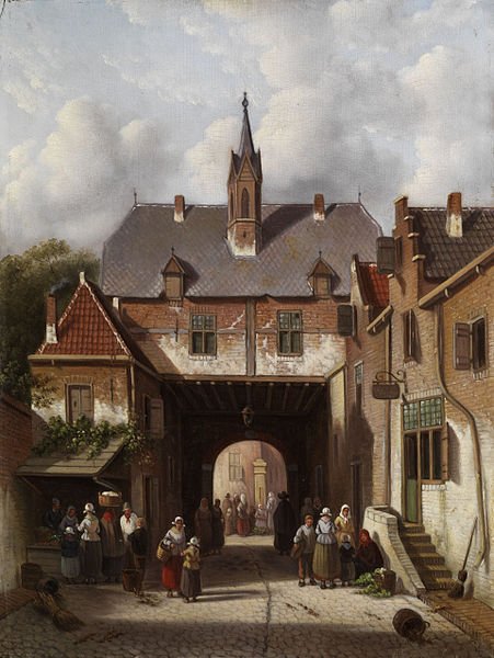 Markttreiben unter einem Torgebäude. Öl auf Eichenholz. 36,5 x 27,5 cm. Date by 1897 Adrianus Eversen (1818-1897)