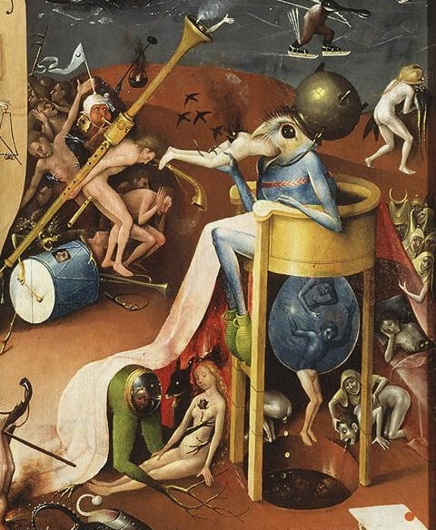 Hieronymus Bosch, Garden of Earthly Delights tryptich, right panel - Hell; detail 1 (ca 1504-1510, Oil on panel), Rod of Tyranny