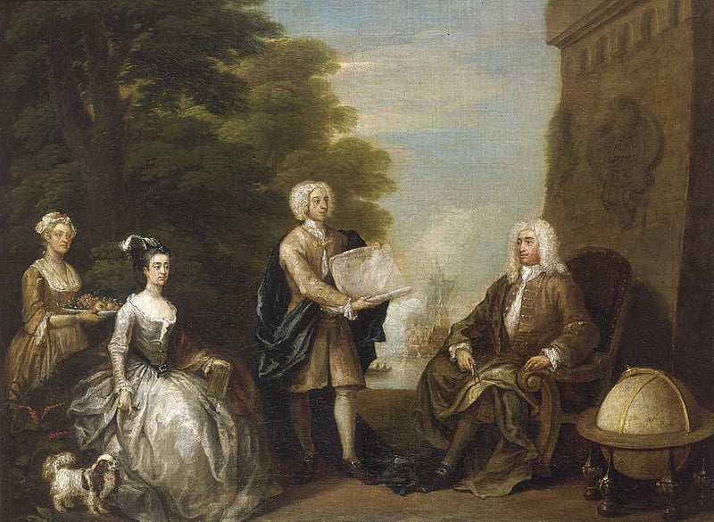 William Hogarth  (1697–1764) Title    Woodes Rogers and his family - Woodes Rogers, former Pirate, Governor of the Bahamas. The son of the Governor presents his father to the right with plans for the port of Nassau. Woodes Rogers