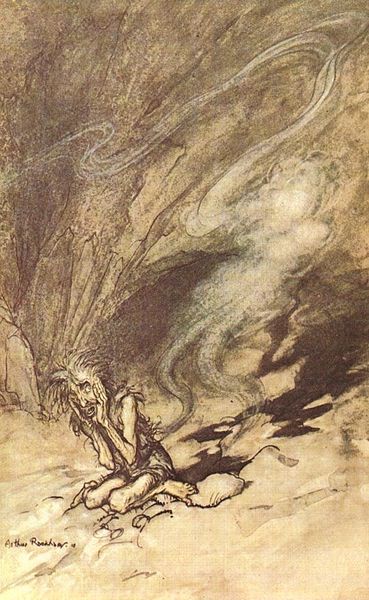 Invisibility, Arthur Rackham (1867-1939 Title: Alberich puts on the Tarnhelm and vanishes, his brother Mime remains.Illustration to Richard Wagner's Das Rheingold. Date1910