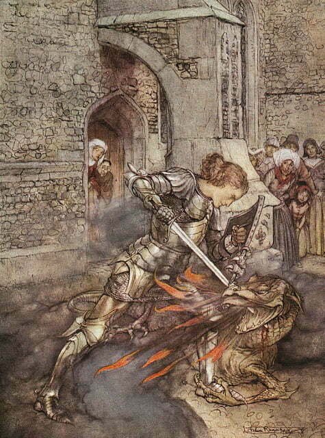 Lancelot slaying a dragon in Arthur Rackham's illustration for Tales of King Arthur and the Knights of the Round Table, abridged from Le Morte d'Arthur by Alfred W. Pollard (1917), Combat