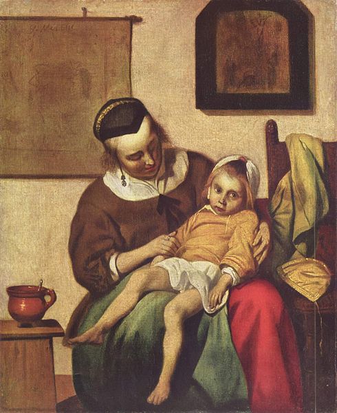 Gabriël Metsu Title The Sick Child.Description: The pale, sick child hangs limply in the woman's lap. Beside them on the cupboard stands a stoneware bowl with spoon. On the wall behind hang a map which has been rolled open, and a framed print showing the Crucifixion of Christ. Date ca. 1660-1665, Diseases
