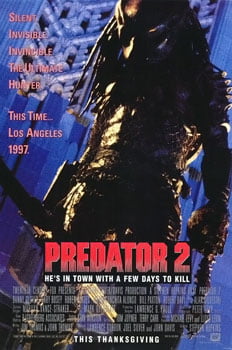This is a poster for Predator 2. The poster art copyright is believed to belong to the distributor of the film, 20th Century Fox, the publisher of the film or the graphic artist.