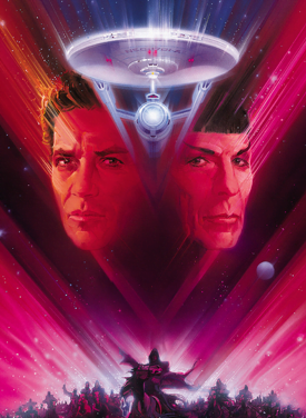 The movie poster of 1989's Star Trek V: The Final Frontier (art by illustrator Bob Peak). The art was used for promotion as well as the covers to the home video releases (VHS, DVD, and DVD special editions). Star Trek V, The Final Frontier
