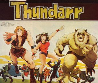 This is the video cassette cover art of Thundarr the Barbarian. The cover art copyright is believed to belong to the publisher of the video or the studio which produced the video. Box cover of an early VHS tape of Thundarr the Barbarian. Fair use of a publication's cover. Image downloaded from fan site mentioned in the article, cleaned up and enhanced slightly. Thundarr the Barbarian