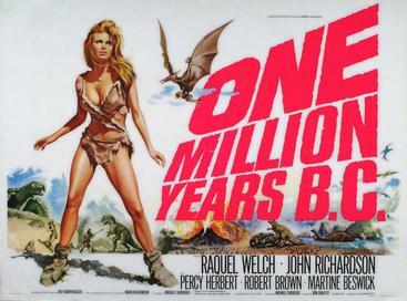 Theatrical poster with Welch against backdrop of dinosaurs attacking humans One Million Years B.C.
