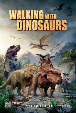 Against a backdrop of mountains and forests, the dinosaur Gorgosaurus threateningly stands behind three dinosaur Pachyrhinosaurus with the bird Alexornis atop the lead dinosaur. Walking with Dinosaurs