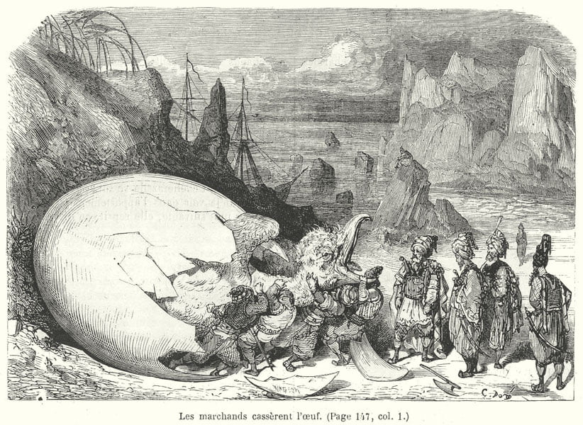 An episode from the 5th voyage of Sinbad the Sailor in the "One Thousand and One Nights". Illustration from "Les Mille et une nuits", par Galland - Paris, 1865. Gustave Doré (1832-1883)