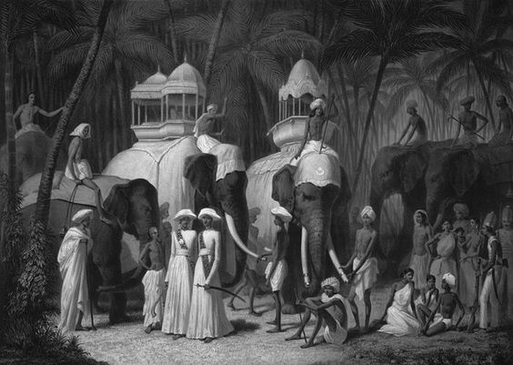 The Elephants of Raja of Travancore, May 1841.L.H. de Rudder (1807-1881),  based on original drawing of May 1841 by Prince Aleksandr Mikhailovich Saltuikov published in 1848 of a scene in the Sikh Empire.