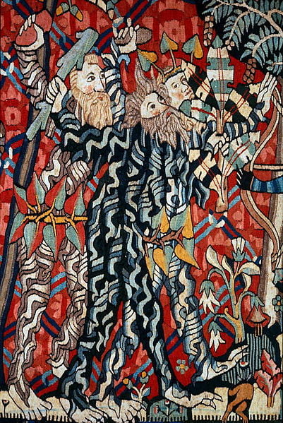 Wild Men and Moors, Detail (5/12), Warp: linen Wefts: 
wool; tapestry weave, 100 x 490 cm, Date about 1400, Barkskin