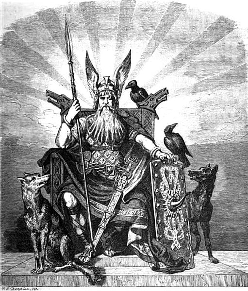 Odin, der Göttervater. Odin enthroned with weapons, wolves and ravens. Wägner, Wilhelm. 1882. Nordisch-germanische Götter und Helden. Otto Spamer, Leipzig & Berlin. Page 7. Carl Emil Doepler (1824-1905)