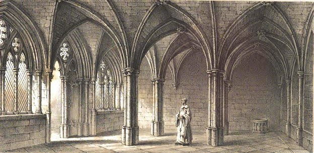 A Victorian idea of what the interior of the chapter house may have looked like when in use. The details of the architecture match modern scholarship, however the artist has left out the furnishings for sake of clarity. The small font in the corner is fanciful. 1848 Architectural views and details of Netley Abbey, by George Guillaume