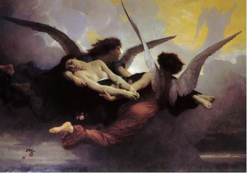 Depiction of a soul being carried to heaven by two angels. William-Adolphe Bouguereau (1825-1905), Vision of Heaven
