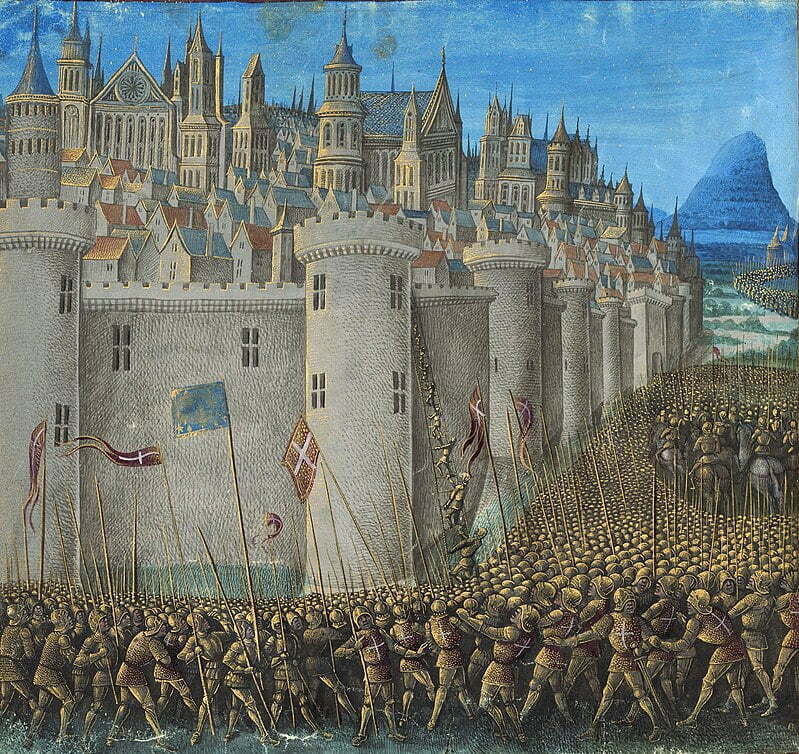 Medieval miniature painting of the Siege of Antioch Date (1490) engraving by Jean Colombe from Sébastien Mamerot's Les Passages d'Outremer.