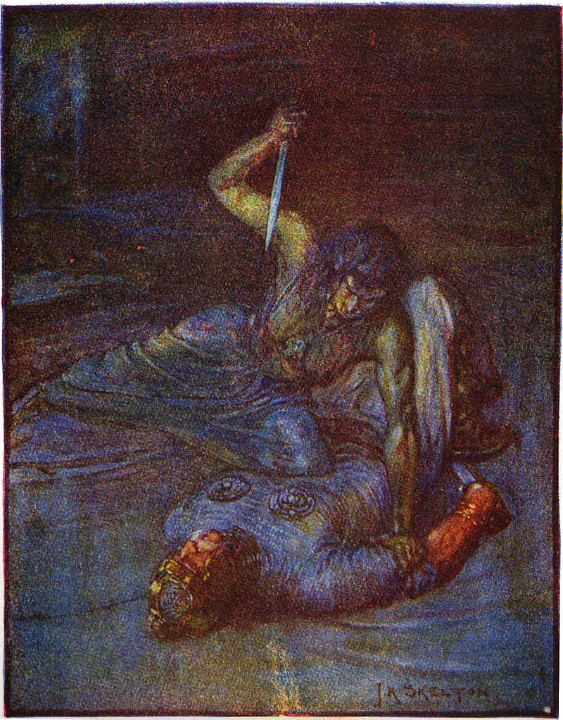 An illustration of Grendel's mother by J.R. Skelton from Stories of Beowulf (1908) described as a "water witch" trying to stab Beowulf. Grendel's Mother