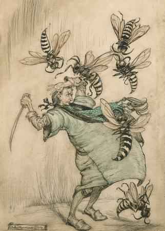 Gulliver's combat with the wasps. Arthur Rackham, from Gulliver's travels into several remote nations of the world, by Jonathan Swift, London, 1899. Giant Wasp