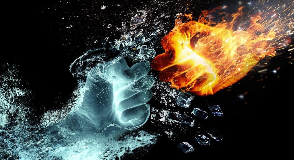 fire and water, hands, fight, Interposing Hand