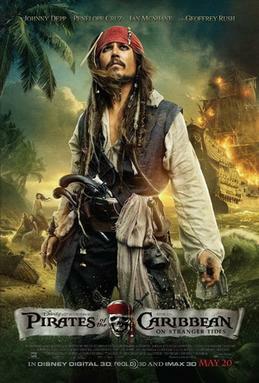 The film's main character Jack Sparrow stands on a beach. He wears a red bandana, a dark blue vest, white shirt, and black pants. Attached to his belt are two guns and a scarf. A ship with flaming sails approaches from the sea. In the background, three mermaids sit on a rock. The main actors' names are at the top, and the film credits at the bottom. Pirates of the Caribbean: On Stranger Tides
