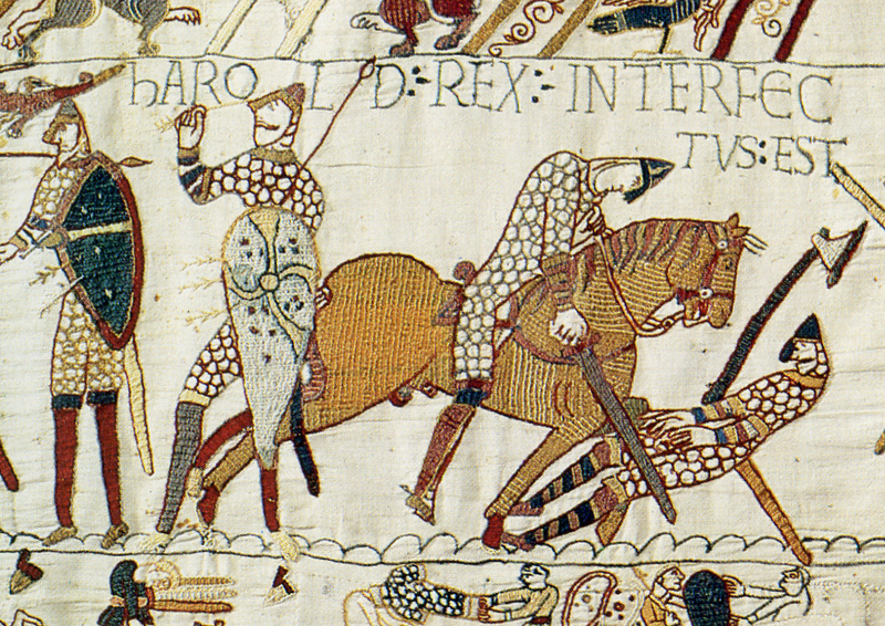 Harold Godwinson falls at Hastings. Harold was struck in the eye with an arrow (left), slain by a mounted Norman knight (right) or both. Date 1070s Source Bayeux Tapestry, Chainmail
