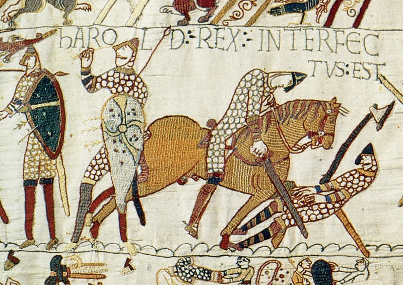 Bayeux Tapestry scene depicting fighting around Harold Godwinson at Hastings, with mail-clad warriors