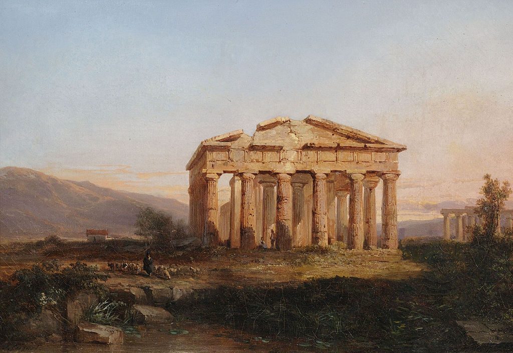 Jules Coignet (1798-1860) The temples at Paestum in evening light, Find Temple