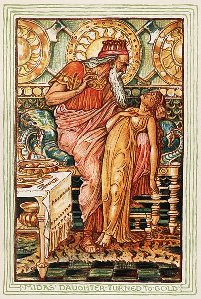 Gold Finger, King Midas with his daughter, from A Wonder Book for Boys and Girls by Nathaniel Hawthorne Date Edition published 1893(text author), Walter Crane (1845-1915)