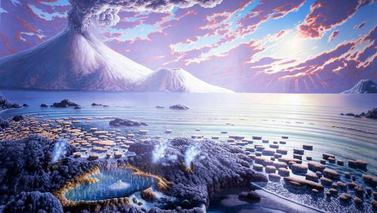 4 to 2.5 Billion Years Ago, Archean age of Aberrations, An artist’s impression of a typical scene from the mid- to late-Archean when microbial colonies had begun to establish themselves, even though volcanism was rife throughout the era. Note the stromatolites and bacterial colonies in the shallow waters.