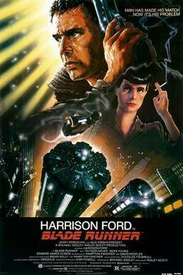 Collage of a man holding a gun, a woman holding a cigarette, and a futuristic city-scape. Blade Runner