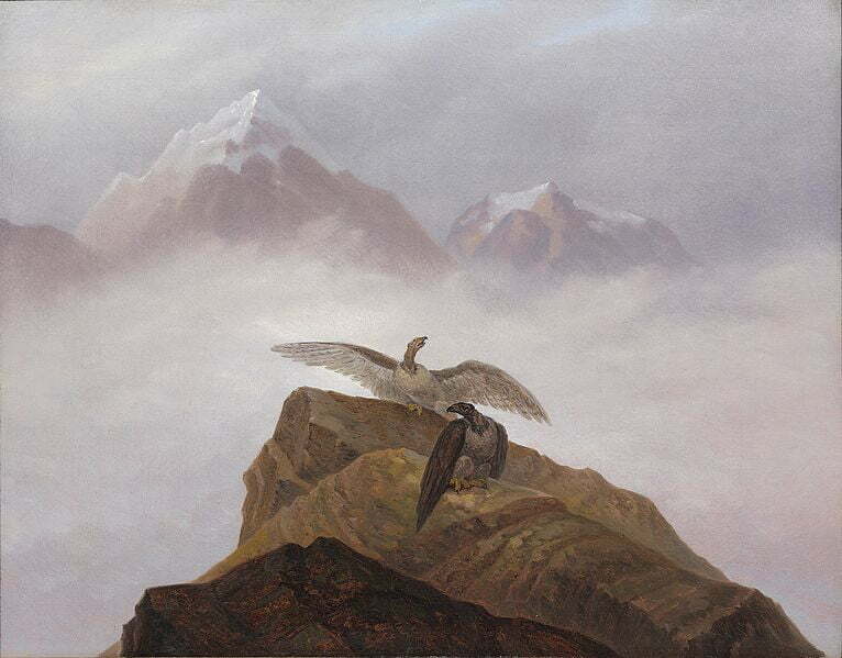 Carl Gustav Carus (1789-1869) Title: Phantasie aus der Alpenwelt. Adler, die auf einem Alpenhorn nisten Date 1822, Wilderness, Altitude