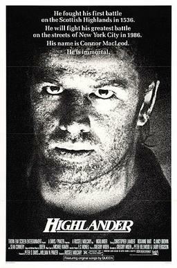 This is a poster for Highlander. The poster art copyright is believed to belong to the distributor of the film, 20th Century Fox, the publisher of the film or the graphic artist.