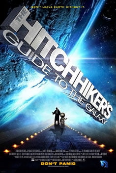 A man and a robot stand on a platform below the Earth as the title hovers above them. Hitchhikers Guide to the Galaxy