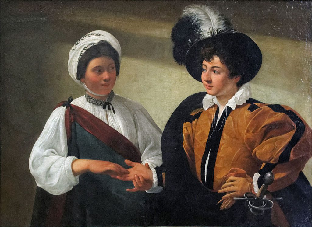 The Fortune Teller, by Caravaggio (1594–95; Canvas; Louvre), depicting a palm reading