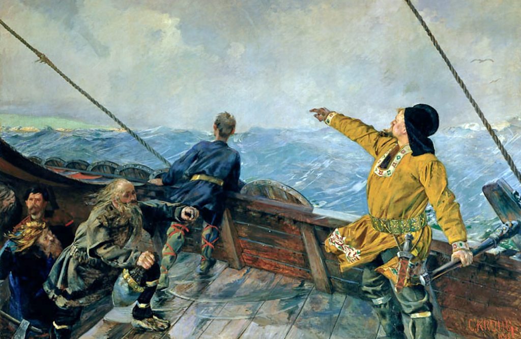 Barbarian, Explorer Christian Krohg maleri av Leiv Eriksson oppdager Amerika, 1893 (Christian Krogh's painting of Leiv Eiriksson discover America, 1893)
