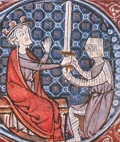 A medieval image of David I of Scotland knighting a squire, Armour of Knightly
