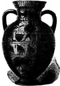 Ionic amphora, with contest between Heracles and Hera, and bands of birds and animals; black, with incised lines. Date 1911 Encyclopedia Britannica, Vol. 5, p. 716