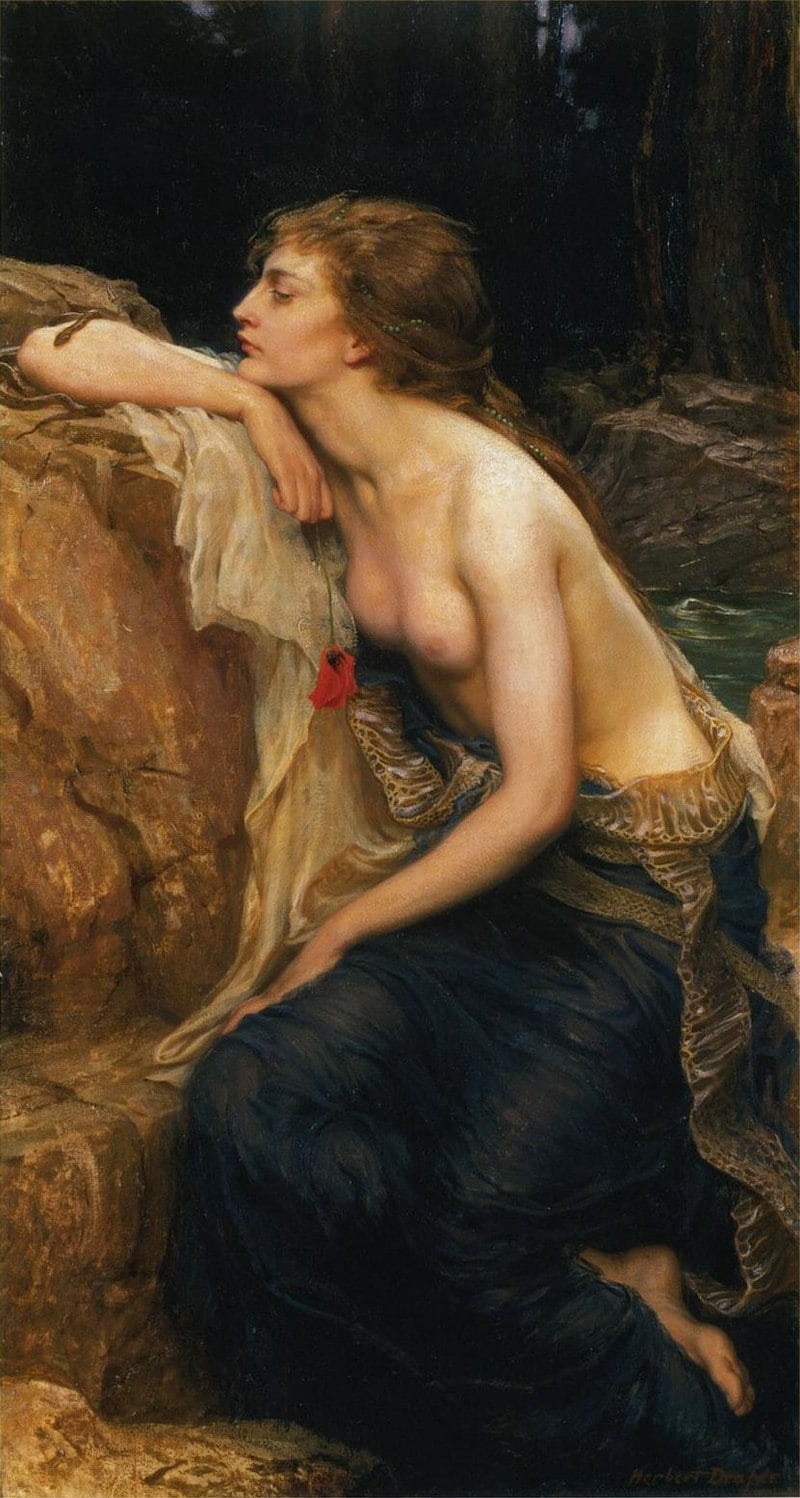  The Lamia who moodily watches the serpent on her forearm (painting by Herbert James Draper, 1909), appears to represent the hetaira. Though the lower body of Draper's Lamia is human, he alludes to its serpentine history by draping a shed snake skin about her waist. Lamia