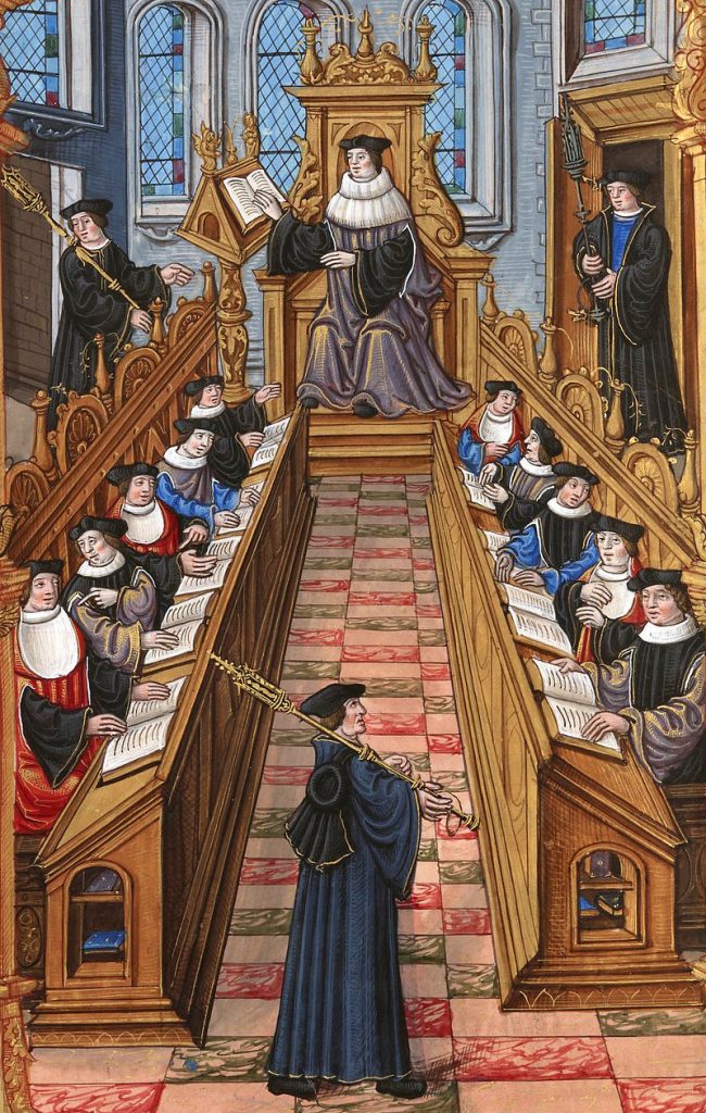 Illustration from a 14th-century manuscript showing a meeting of doctors at the University of Paris.