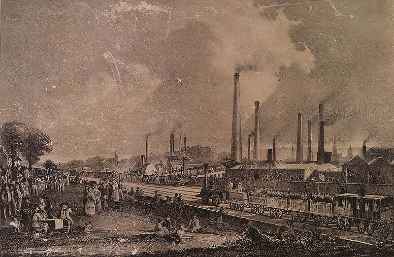 Photograph of a painting of St.Rollox Chemical Works at the opening of the Garnkirk and Glasgow railway in 1831 painted by D.O.Hill, Settlements, Polluted